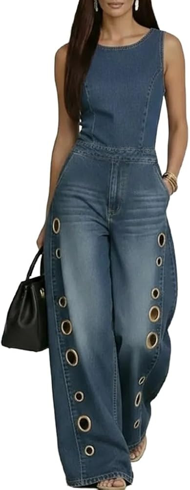 Summer Jumpsuits for Women Round Neck Sleeveless Eyelet Hollow Out Loose Denim Street Palazzo Jum... | Amazon (US)