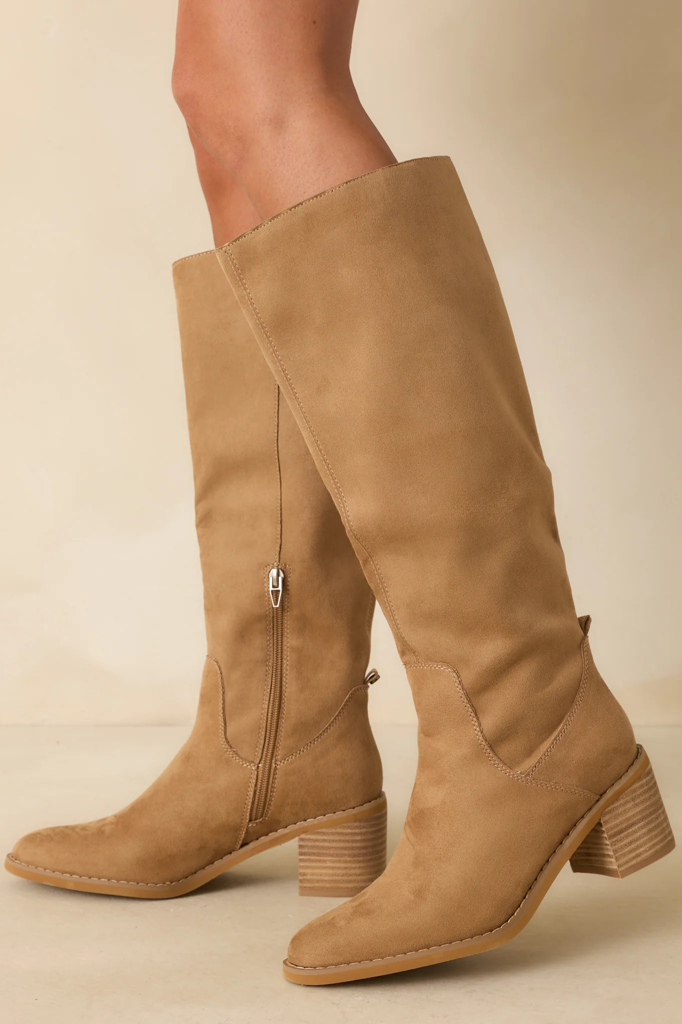 For Good Reason Tan Faux Suede Knee High Boots | Red Dress