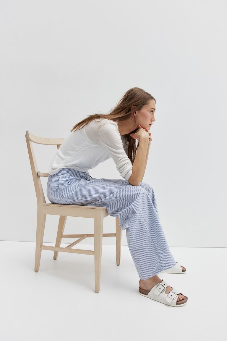 Pantalon en lin mélangé - Taille régulière - Longue - Bleu/rayé - FEMME | H&M FR | H&M (FR & ES & IT)
