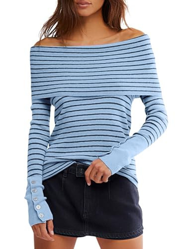 Darong Womens Off Shoulder Sweater Fall Long Sleeve Going Out Y2k Tops Winter Date Night Outfits 9126 Blue Black Stripe L | Amazon (US)