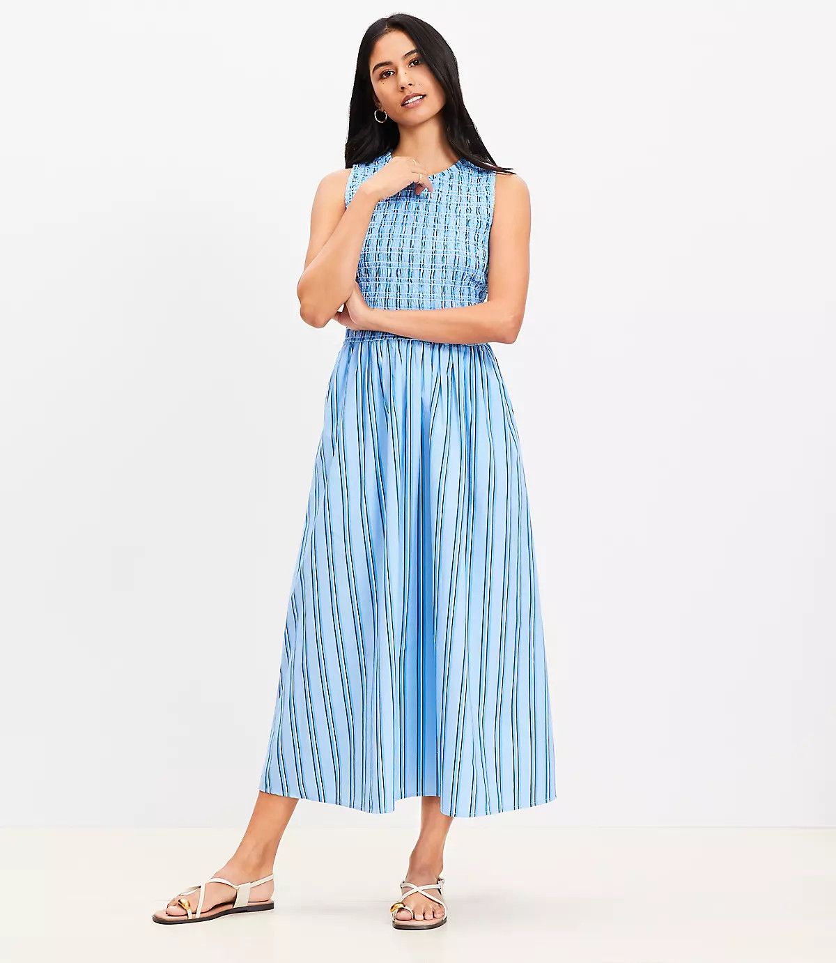 Striped Poplin Smocked Midi Pocket Dress | LOFT