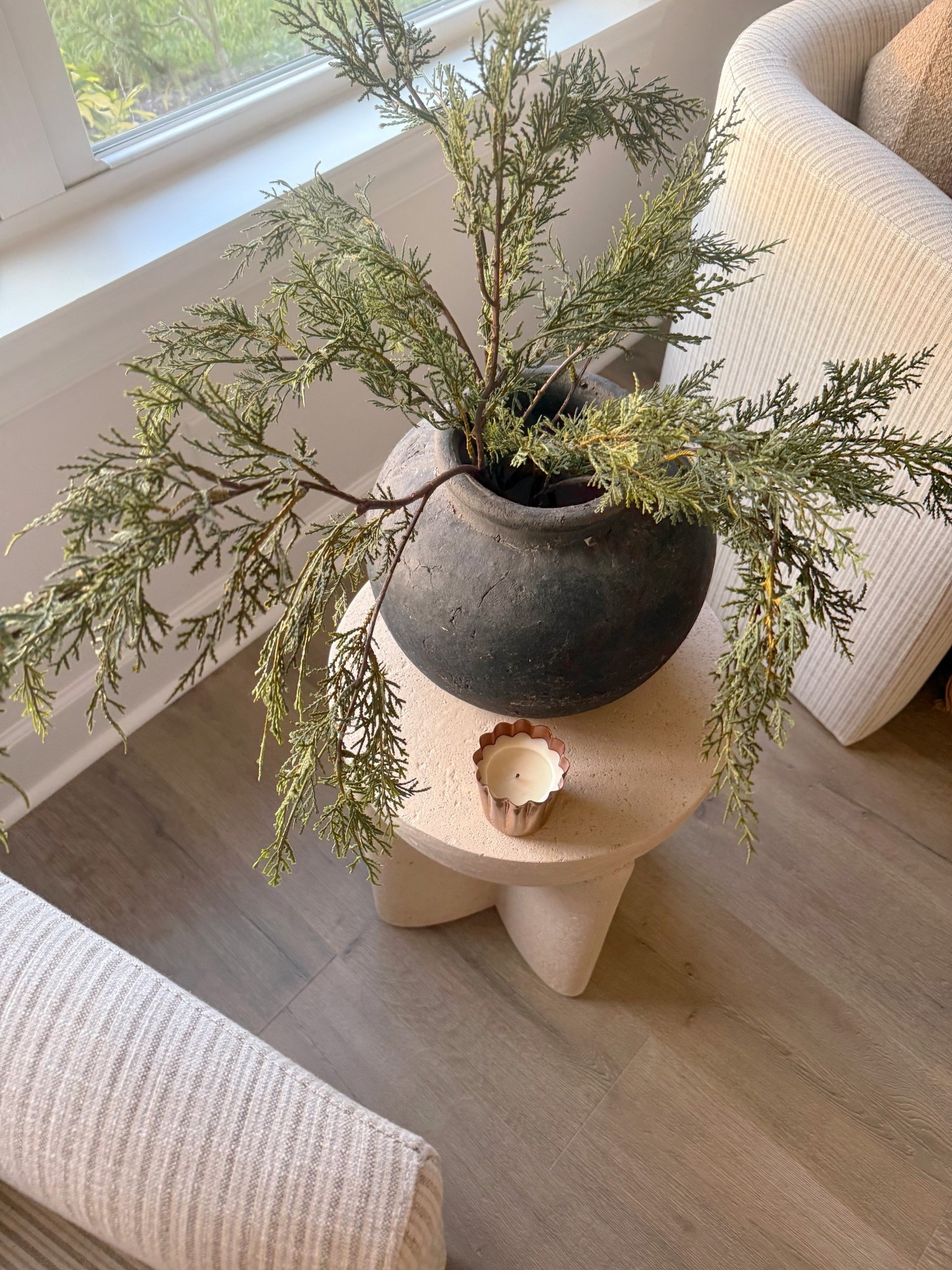 Bedroom corner, holiday decor, Christmas decor, home decor, Christmas bedroom, sitting area, accent table, side table, stone table, organic modern, cedar branches, winter stems 

#LTKHoliday