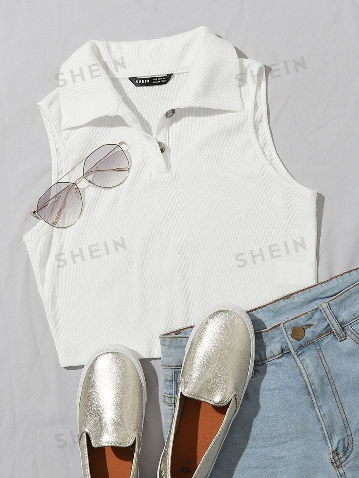 SHEIN EZwear Button Half Placket Rib-knit Tank Top | SHEIN