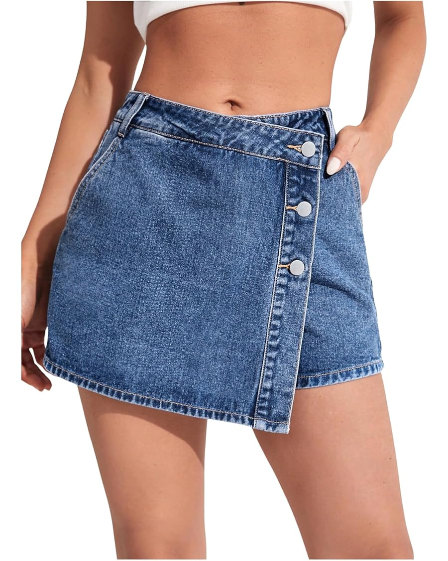 WDIRARA Women's High Waisted Button Front Denim Skort Asymmetrical Hem Skirt Shorts | Amazon (US)