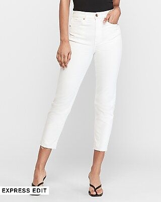 Super High Waisted White Raw Hem Mom Jeans | Express