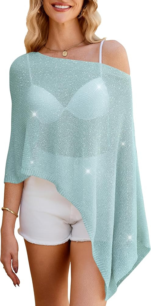 WeciBor Women's Sheer Poncho Tops Y2K Sparkly Knit Bolero Sweater Cover Up Beachwear for Beach Cl... | Amazon (US)