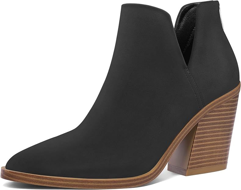 mysoft Women's Ankle Boots Slip on Cutout Pointed Toe Chunky Stacked Mid Heel Booties | Amazon (US)