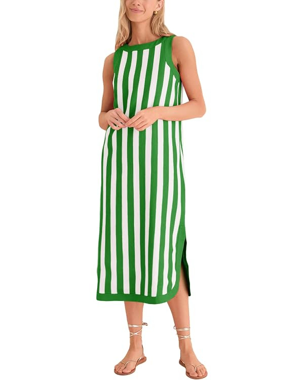 Womens Striped Midi Dress Sleeveless Crewneck Side Slit Casual Summer Beach Vacation Sundress wit... | Amazon (US)