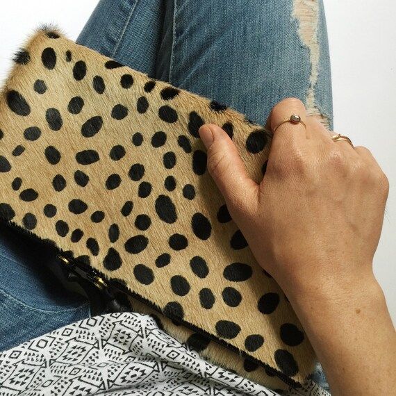 Cheetah print fold down clutch ~ Hair on hide leather | Etsy (US)