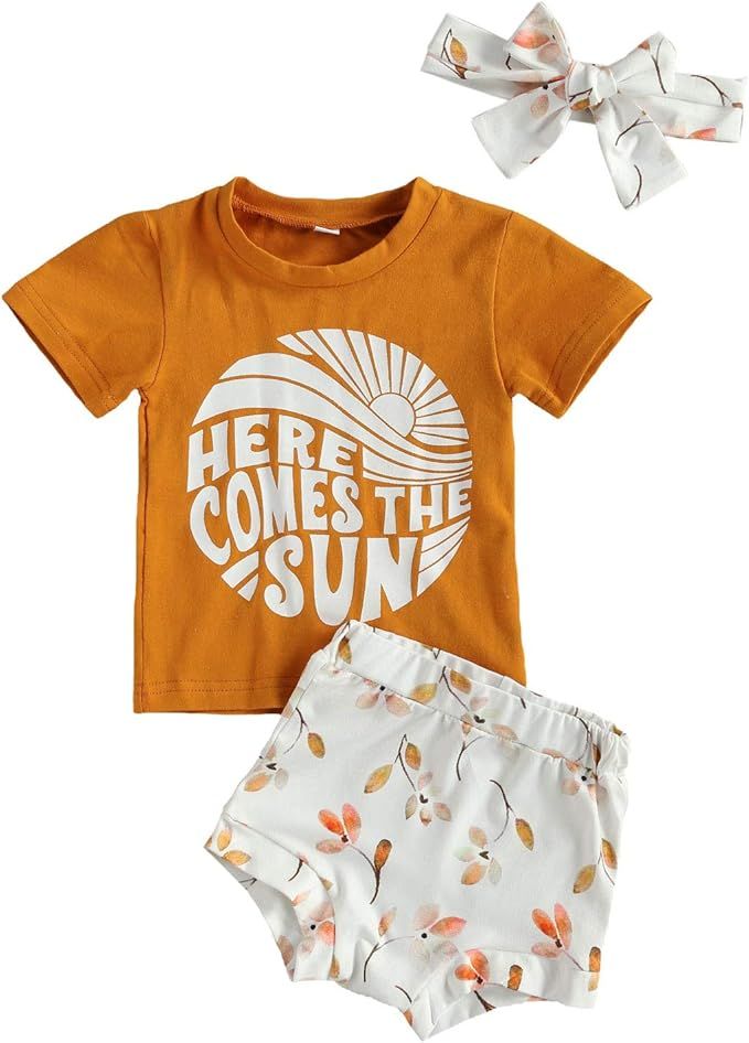 Mandizy Baby Girl 3Pcs Summer Clothes Set, Infant Short Sleeve Letter Print T-shirt and Floral Sh... | Amazon (US)