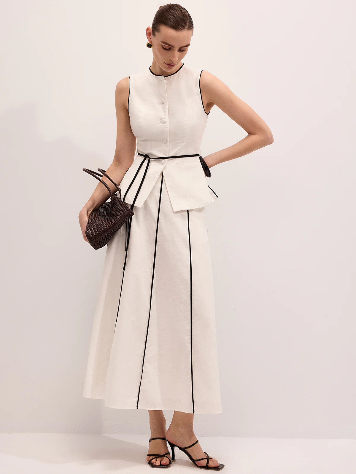 Cotton Linen Contrast Piping Top & Maxi Skirt Set | Commense