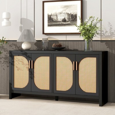 59.1"W Modern Sideboard, Storage Cabinet with Rattan Doors, Adjustable Shelves and Metal Handles, Black, 4Q -ModernLuxe | Target