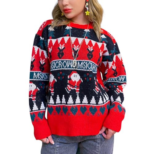 Fashionme Women Ugly Christmas Xmas Sweater Sweatshirts Jumpers Tops Shirts Funny Vintage Winter Chunky Sweater Soft Holiday Elf Christmas Tree Ghost Print Red Black | Amazon (US)