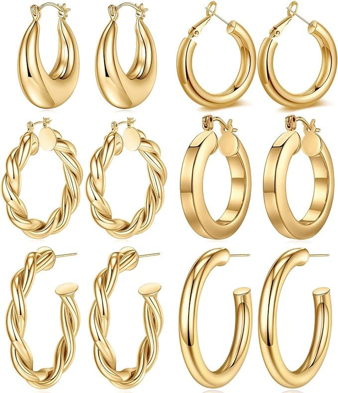 925 Sterling Silver Post 14K Real Gold Plated Chunky Hoop Earrings Set for Women, Hypoallergenic ... | Amazon (US)