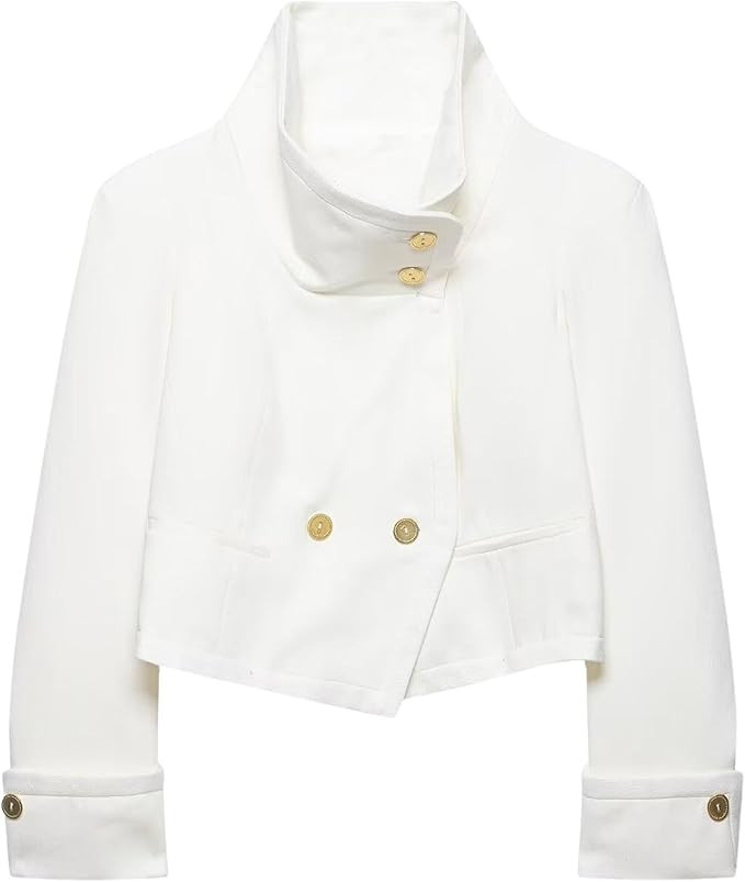 Chevara Women’s Cropped Blazer Jacket Stand Collar Long Sleeve Button Up Slim Fit Coat Streetwe... | Amazon (US)