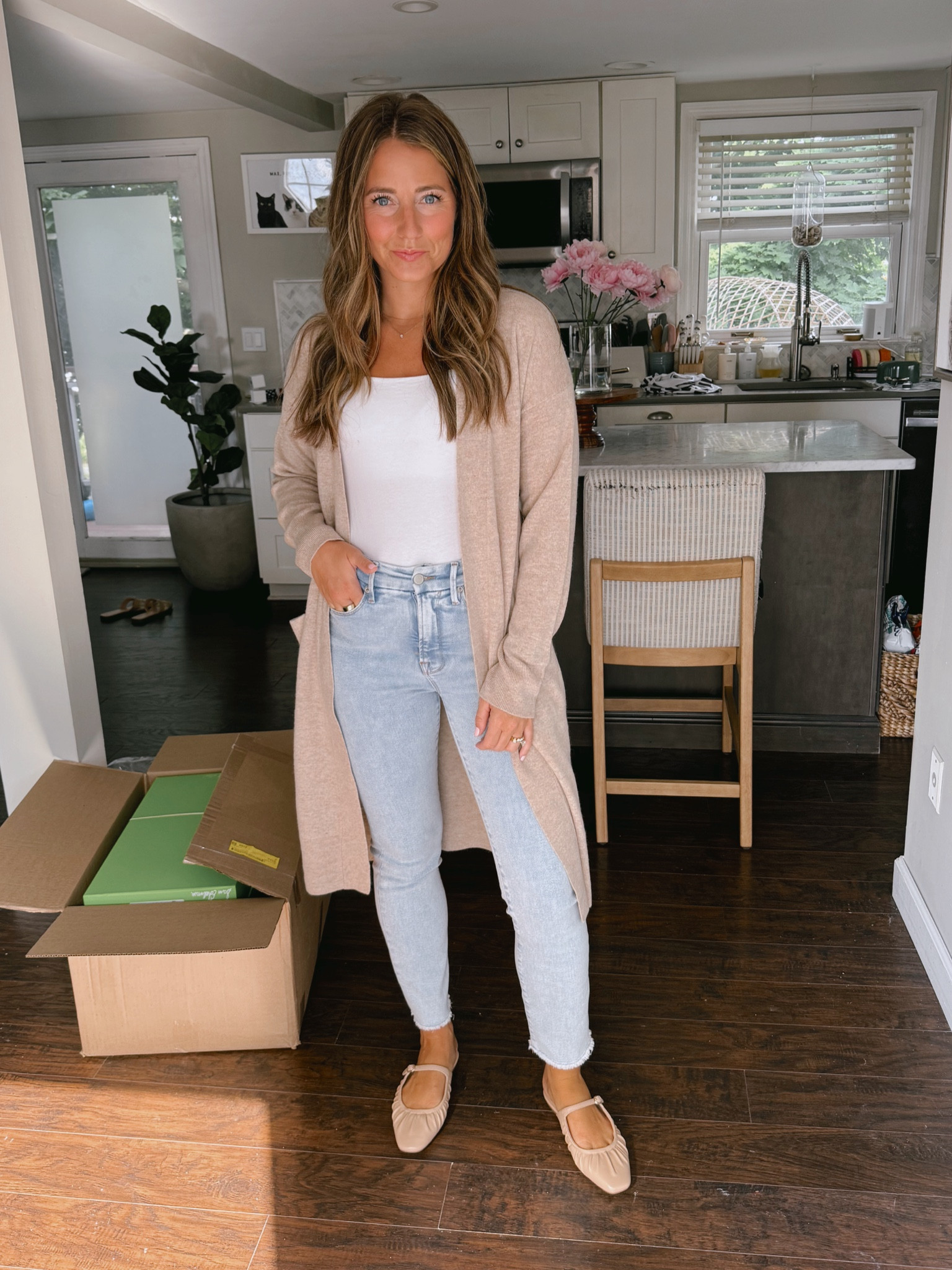 Cardigan is in stock in most sizes in the “ivory pristine” color - so gorg!! On sale! 
Jeans are on sale and in stock 
True size in everything! 

#LTKFindsUnder50 #LTKSaleAlert #LTKFindsUnder100