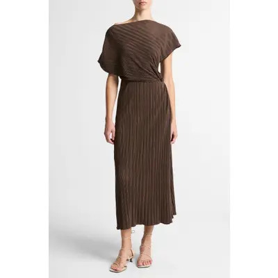 Vince Diagonal Pleated Twist Waist Midi Dress in Clove at Nordstrom, Size X-Small | Nordstrom