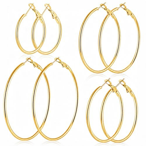 4 Pairs Stainless Steel Gold Hoop Earrings Set for Women Hypoallergenic | Amazon (US)