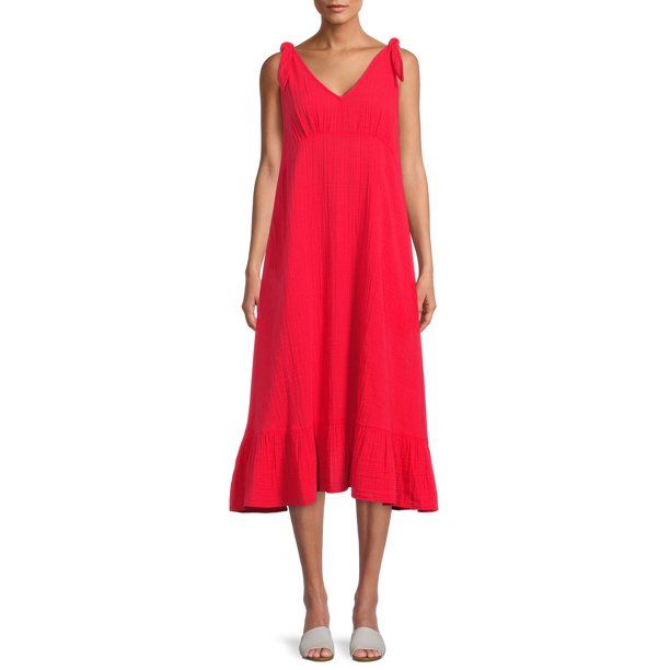 Time and Tru Women's Double Cloth Tie Shoulder Midi Dress - Walmart.com | Walmart (US)