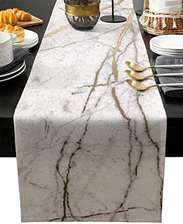 Marble Table Runner-Cotton linen-Long 108 inche White Gray Gold Dresser Scarves,Texture Tablerunn... | Amazon (US)