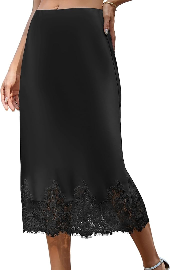 Bsubseach Satin Skirt for Women Midi Lace Trim Skirt Silk A-Line Elastic Waist Elegant Casual Ski... | Amazon (US)