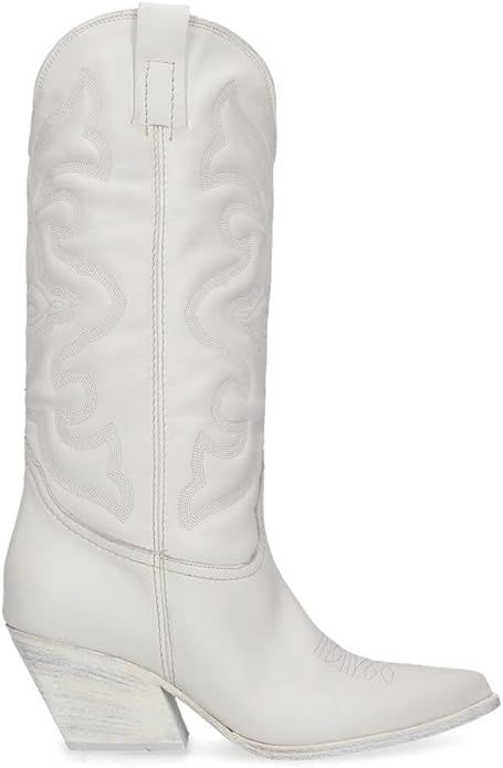 Steve Madden West White Leather Cowboy Mid Calf Block Heel Dagget Cowgirl Boots | Amazon (US)