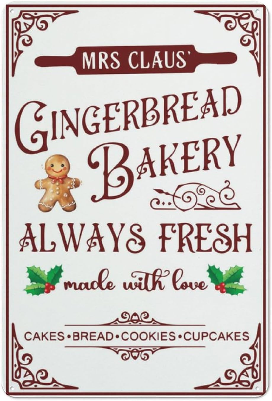 Mrs Claus' Gingerbread Bakery Always Fresh Metal Sign Vintage Christmas Home Sign for Bar Cafe Sh... | Amazon (US)