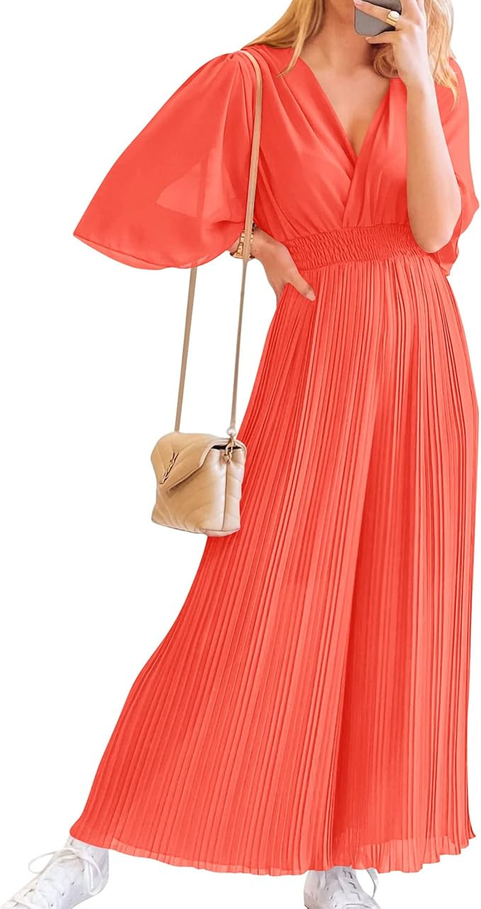 BTFBM Women Chiffon Wrap V Neck Summer Jumpsuit Spring Mesh Half Sleeve Elastic Waist Pleated Wid... | Amazon (US)