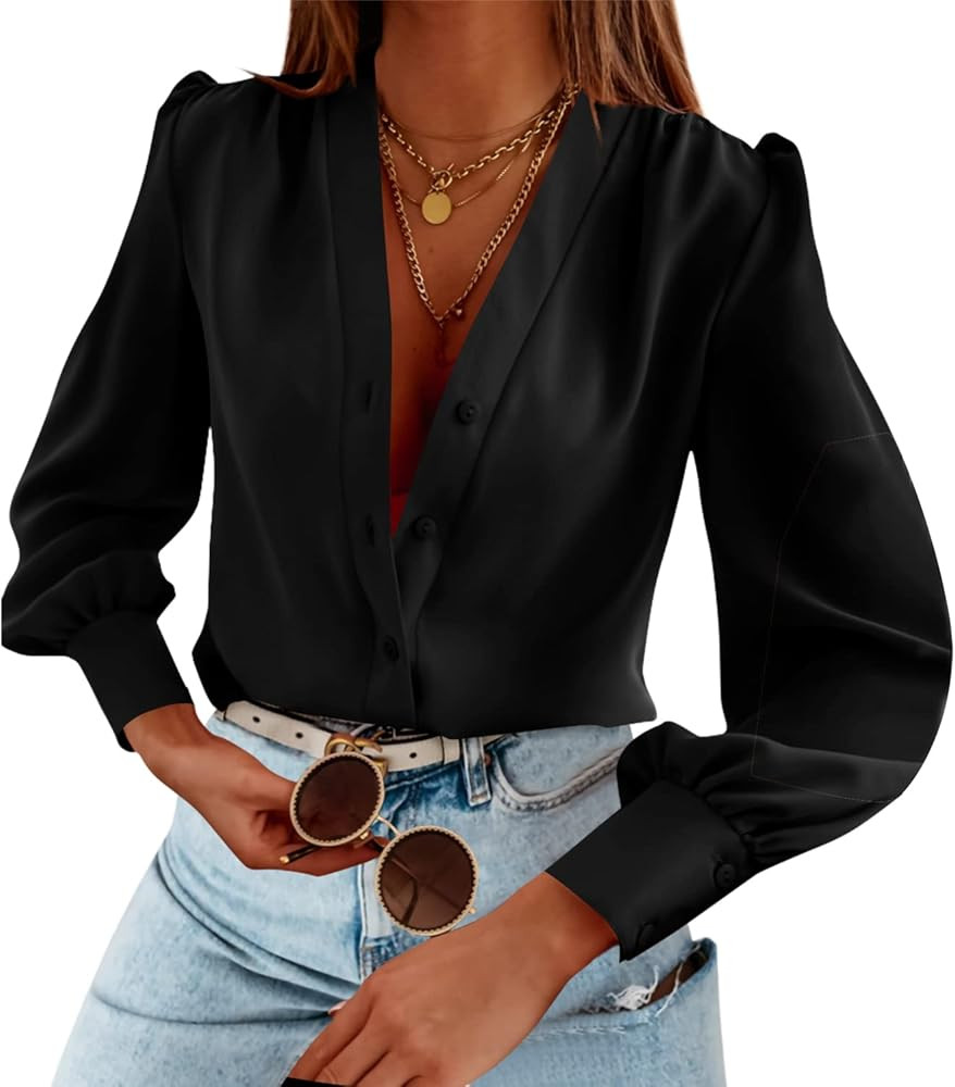 Women's Business Casual Tops Satin Silk Long Sleeve Button Down Shirts V Neck Chiffon Work Blouse... | Amazon (US)
