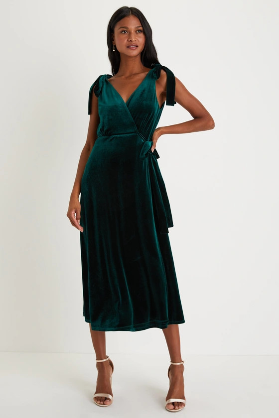 Enchanting Mood Emerald Green Velvet Tie-Strap Wrap Midi Dress | Lulus (US)