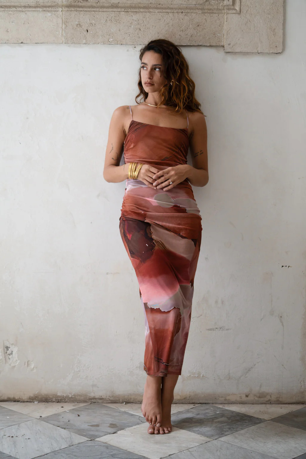 Caterina Rust Abstract Mesh Midi Dress | 12th Tribe