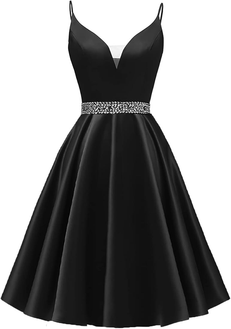 Satin Homecoming Dresses Spaghetti Straps Short Prom Dresses V-Neck Beaded Evening Formal Party G... | Amazon (US)