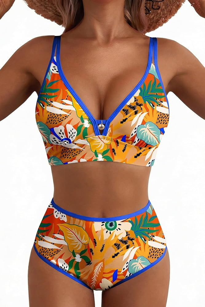 Herseas Women's 2 Piece Floral Print Bikini Sets V Neck Stitch Swimsuits High Waisted Bathing Sui... | Amazon (US)