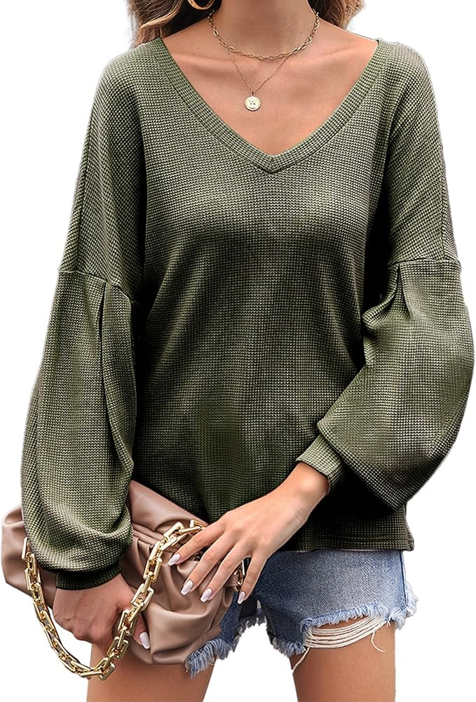 Hotouch Women's V Neck Lantern Sleeve Waffle Knit Tops Long Sleeve Blouse Loose Shirt Pullover Sweat | Amazon (US)