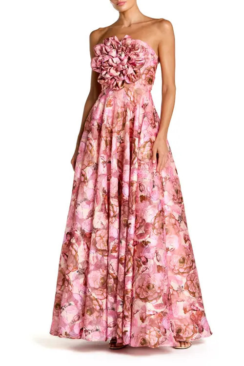 Mac Duggal Strapless Floral Printed A-Line Gown With 3D Flower in Rose Multi at Nordstrom, Size 4 | Nordstrom