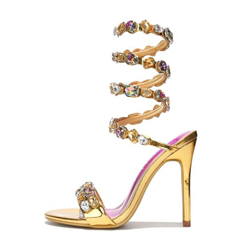 Cape Robbin Women‘s Gem-Trimmed Metallic Heels - Ankle Wrap Stiletto Sandals 4 Inch, Open Round Toe Party Heels with Lightly Cushioned Footbed & Rubber Outsole (Helia) - Gold 8 | Amazon (US)