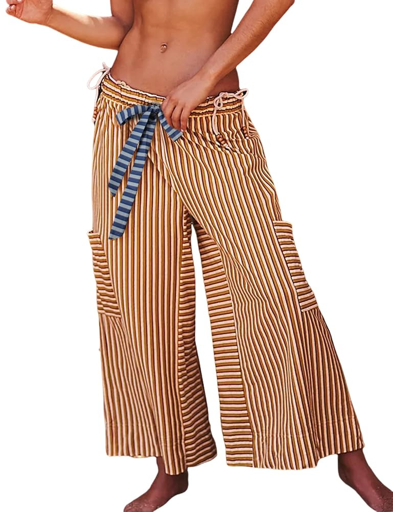 Bankeng Women Drawstring Striped Pants Loose Wide Leg Lounge Pants Casual Palazzo Pants Trousers ... | Amazon (US)