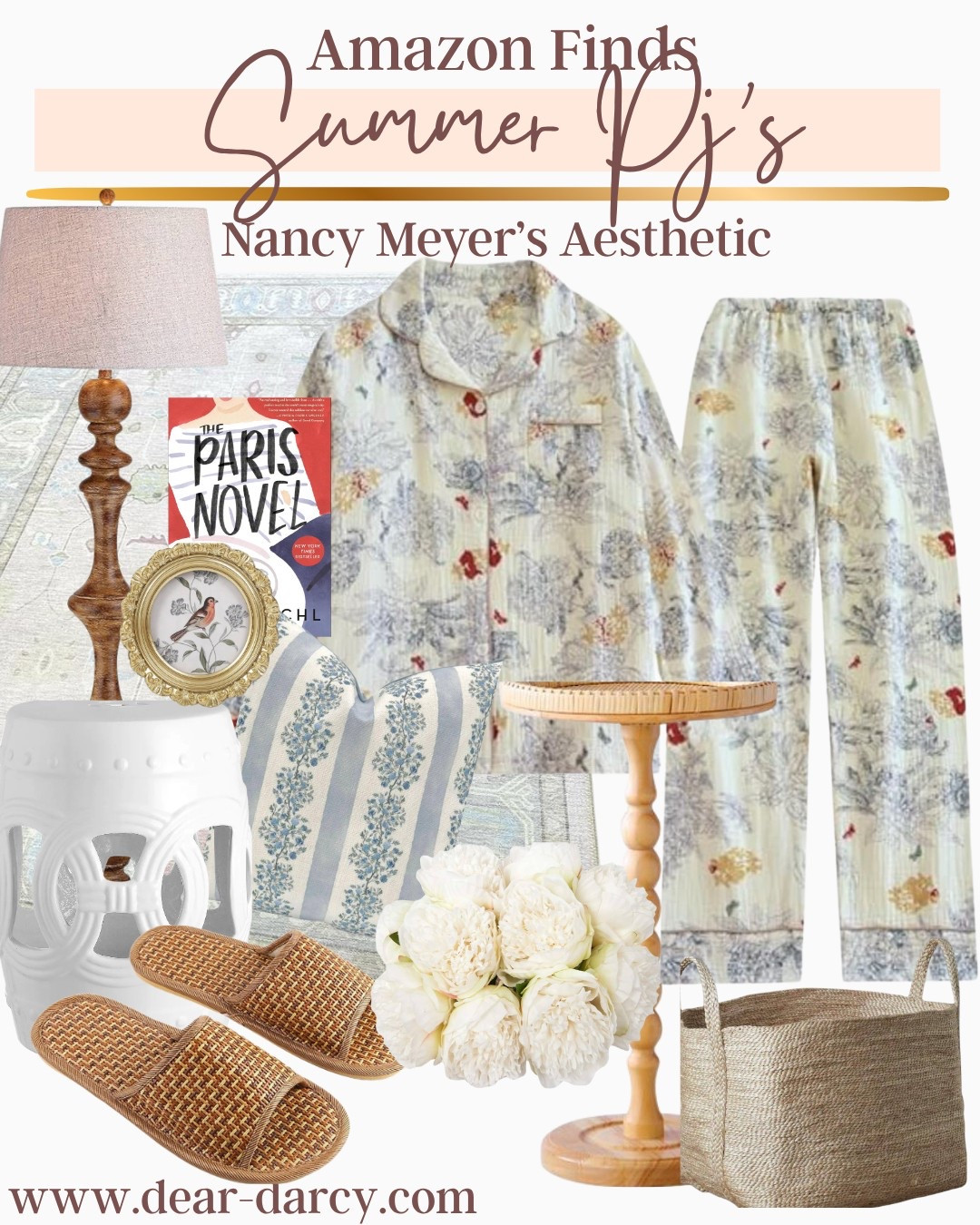 Amazon Find

summer Pj’s and bedroom finds
Do you love the Nancy Meyers aesthetics? 

Perfect for that homey costal vibe, a little bedroom refresh and cozy up with a book time 

Beautiful pjs $34 set

A great book “the Paris Novel”

Garden stool great for a side table 

Pretty birdy picture with gold frame 

Beautiful gold standing lamp 

Pretty silk roses 

Affordable Bamboo slippers 

Standing bamboo & wood little side stable 

Great ratten basket 

Pretty blue floral pillow 

#LTKHome #LTKSummerEdit #LTKStyleTip