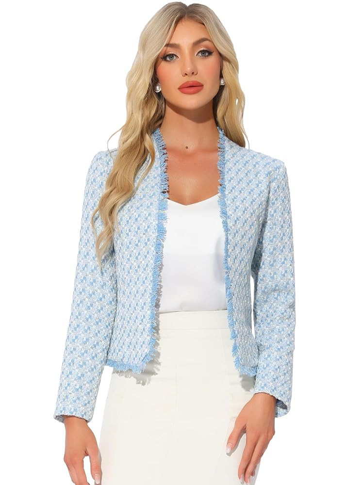 Allegra K Plaid Tweed Blazer for Women's Long Sleeve Open Front Work Office Jacket | Amazon (US)
