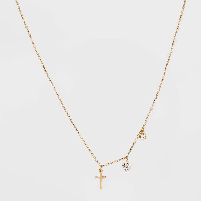 Sterling Silver Gold Dipped Cubic Zirconia Heart and Cross Chain Necklace - Gold | Target
