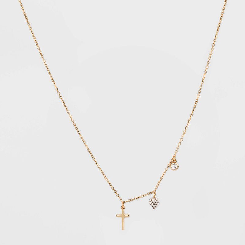 Sterling Silver Gold Dipped Cubic Zirconia Heart and Cross Chain Necklace - Gold | Target