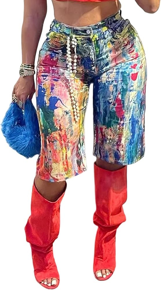 NRTHYE Women Colorful Tie Dye Bermuda Denim Shorts Baggy High Waist Straight Leg Multicolor Graff... | Amazon (US)