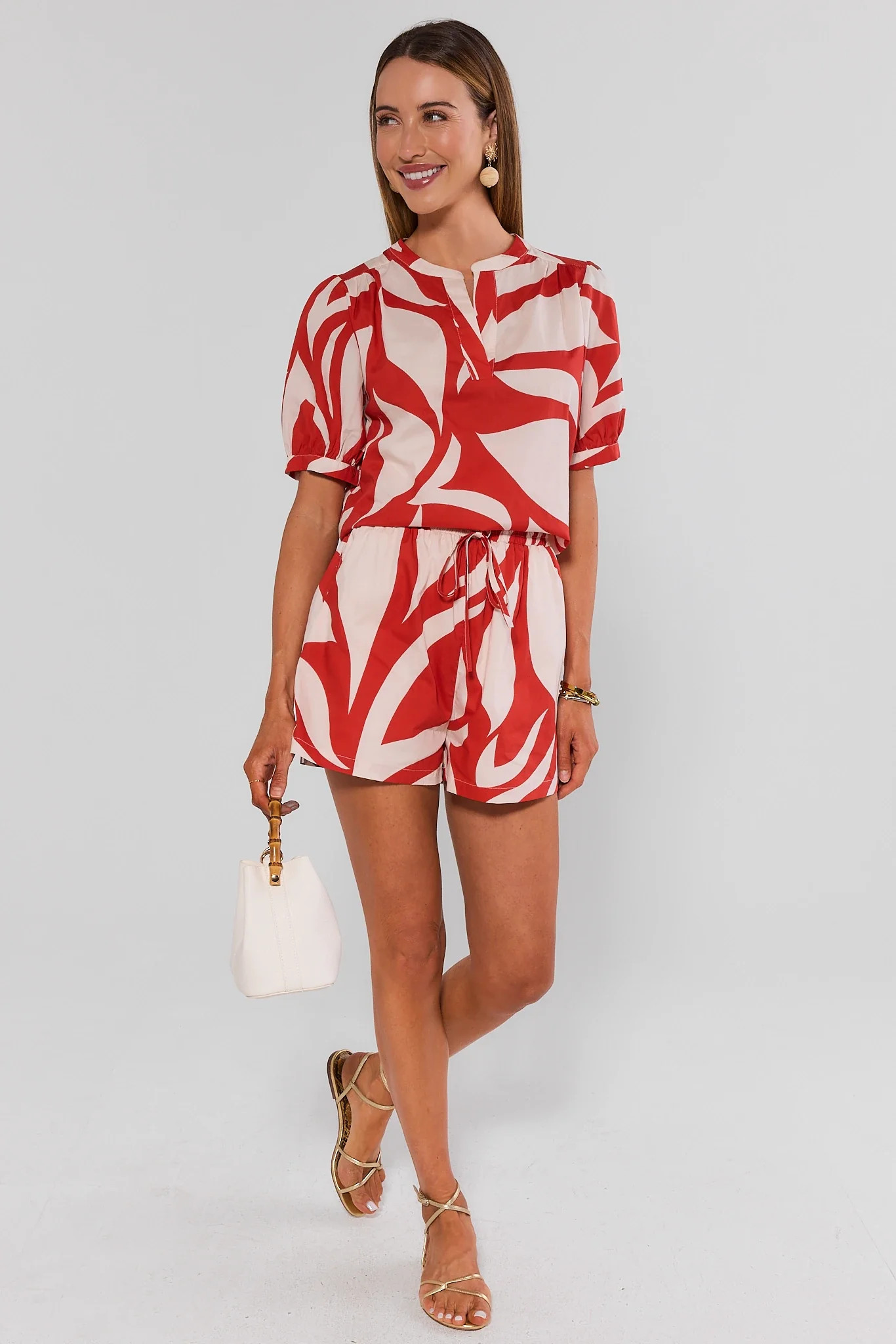 Jess Red Printed Split Neck Top | Avara