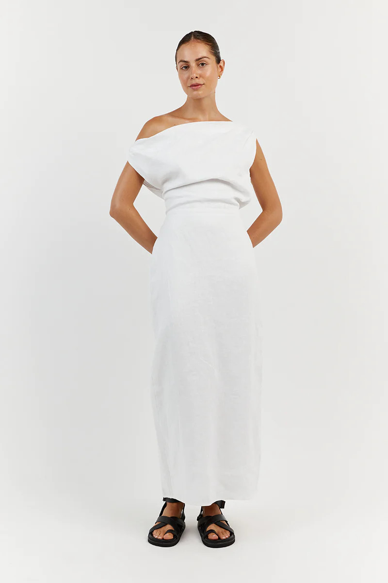 CASS WHITE LINEN ASYM MIDI DRESS | DISSH