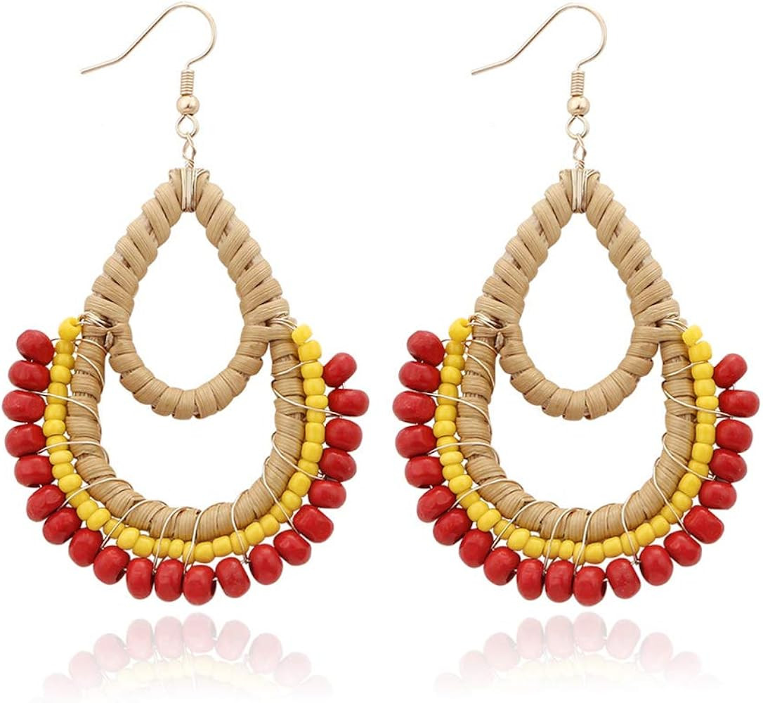 Bohemian Rattan Wooden Beads Handmade Circle/Teardrop Earrings Dangle Drop Jewelry for Women | Amazon (US)