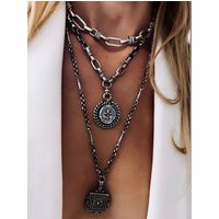 Medal Necklace Square Pendant, Coin Necklace, Layered Necklace, Chunky Chain Silver Statement | Etsy (US)