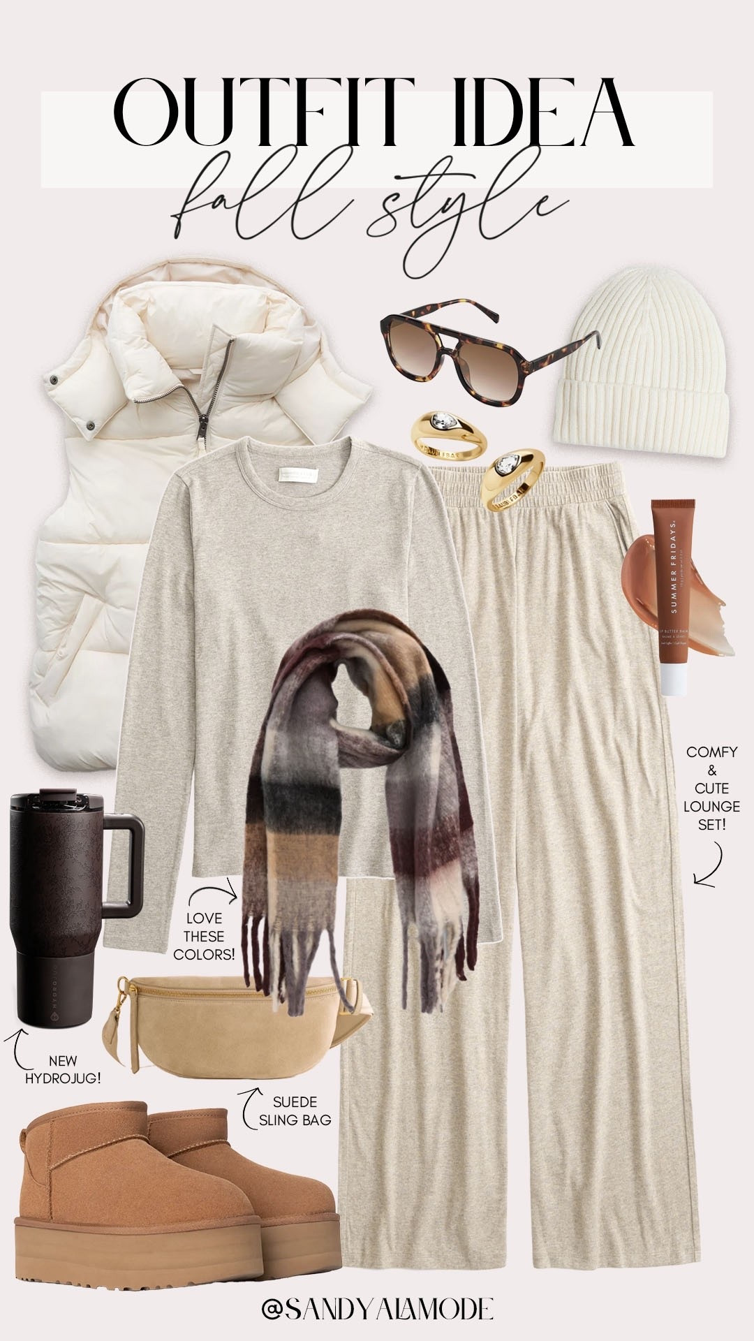 Comfy casual fall outfit idea. Neutral fall style. Abercrombie new arrivals. Matching oatmeal lounge set. Fall matching lounge set. Brown plaid oversized scarf. Hydrojug new arrivals. Comfy fall outfit. Suede sling bag. Ivory puffer vest  

#LTKSeasonal #LTKFindsUnder100 #LTKStyleTip