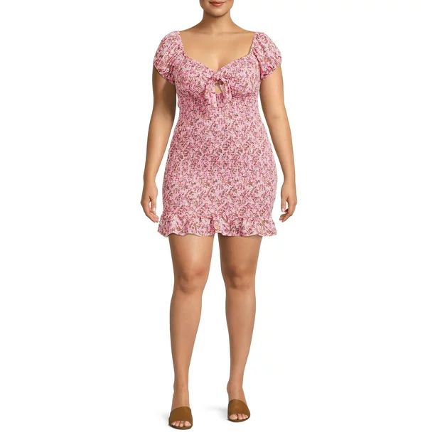 Madden NYC Junior's Plus Size Smocked Dress with Cut Out & Tie - Walmart.com | Walmart (US)