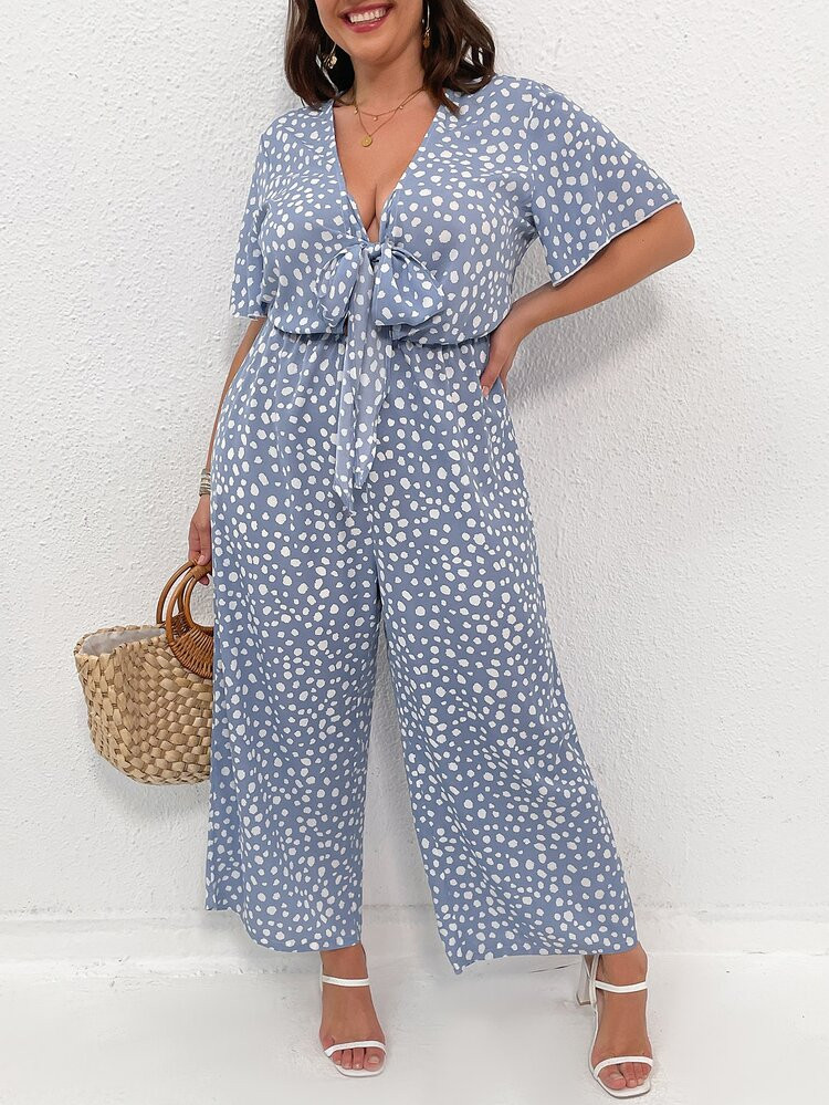 Plus Dalmatian Print Knot Front Jumpsuit | SHEIN