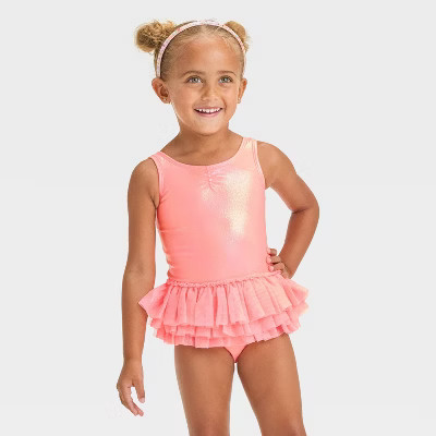 Toddler Girls' Solid Shiny Tutu One Piece Swimsuit - Cat & Jack™ Pink 5T: Fit, UPF 50+, Ruffles, Recycled Polyester | Target